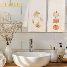 FTKBGHY Boho Neutral Fall Pumpkin Leaf Decor Kitchen Towels Gifts, Rustic Pumpkin Maple Leaf Autumn Decorative Dish Hand Tea Towels for Bathroom Kitchen, Fall Bathroom Decor, 16x24 Inch Set of 2