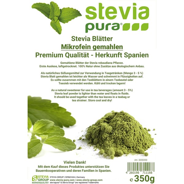 steviapura Stevia Leaves - Pure Natural Product - Sweet Herb Stevia, Microfinely Ground - Vegetable Sweetener 350 g - Premium Quality
