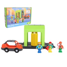 HANQIANN Car Wash Station Playset Toy for Wooden Train Track,Creative City Washer Scenes Pretend Play Toy Vehicles Train Accessory Preschool Learning Educational Toys for Toddlers Kids