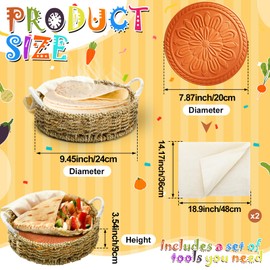 9.5 Inch Bread Warmer Basket and Terracotta Stone with 2 Pcs Cotton Towel Rustic Mexican Tortilla and Bread Warmer for Pancake Taco Roti Muffins Housewarming Gift Bakers Gift for Kitchen