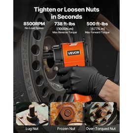 VEVOR 1/2-Inch Air Impact Wrench, Up to 738 ft-lbs Nut-busting Torque, Stubby Size & Lightweight Pneumatic Impact Gun for Auto Repairs and Maintenance