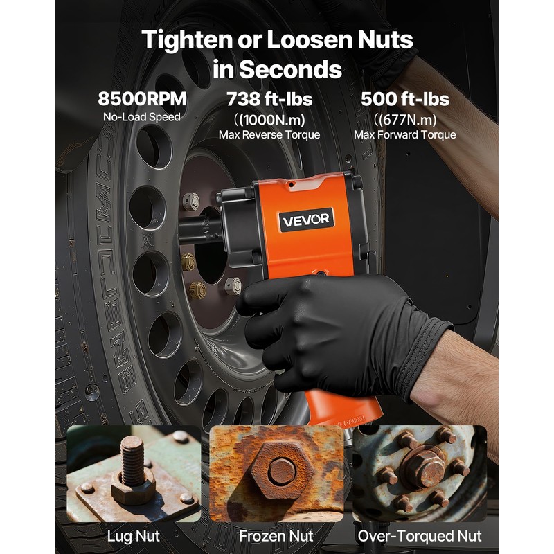 VEVOR 1/2-Inch Air Impact Wrench, Up to 738 ft-lbs Nut-busting
