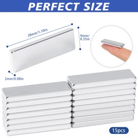 Hengxinc 15 Pcs Neodymium Magnets Strong, 28x9x2mm Bar Square Magnets, Rare Earth Magnets, Flat Magnets Thin Strong, Fridge Magnets Small Strong Magnets for Crafts Whiteboard Kitchen DIY Tool
