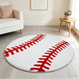 31.5 Inch Round Baseball Rug Sports Carpet with Non-Slip TPR Backing Soft Washable Area Rug for Boys Bedroom Living Room Playroom Room Decor Gifts for Baseball Lovers Sports Fans