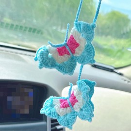 Crochet Car Hanging Ornament Handmade Butterfly Boho Car Decor Accessories for Women Girls Cute Rear View Mirror Pendant Decoration Automotive Interior Aesthetic (Blue)