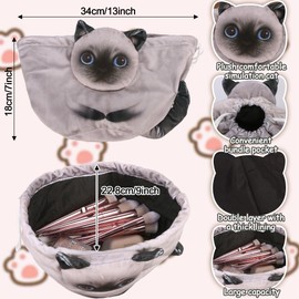 Cat Drawstring Makeup Bag Flat Lay Make Up Bag, Portable Travel Large Cosmetic Bag Storage Organiser Makeup Bag Cat Lovers Gifts for Women