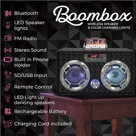 Wireless Express - Boombox Speaker with LED Lights – Retro Bluetooth Speaker w/Enhanced FM Radio - Perfect for Home and Outdoor (Black)