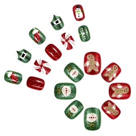 Christmas Press on Nails With Snowman and Gingerbread Man Designs - Red Green Short Square Full Cover Winter Acrylic Nails - Glossy Artificial Stick on Nails