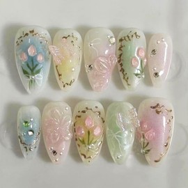24Pcs Spring Summer Flower Press on Nails Medium Almond Fake Nails with Gradient Designs 3D Flower Butterfly Acrylic Nails Gold French Tip Nails Press on Rhinestones Stick on Nails for Women