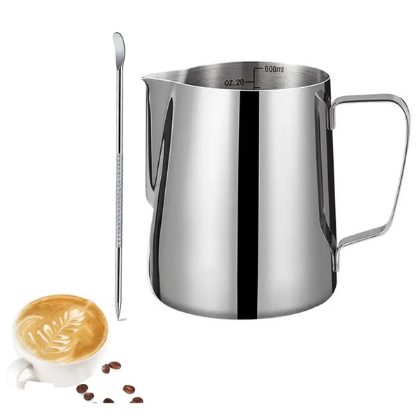 Milk Frothing Pitcher 20oz/600ml, Stainless Steel Espresso Steaming Pitcher Milk