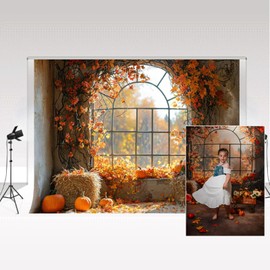 Kate Fall Photography Backdrops 2.2x1.5m/7x5ft Autumn Windowsill Farm Maple Leaf Haystack Pumpkin Harvest Thanksgiving Photo Background Kids Portrait Photocall Props