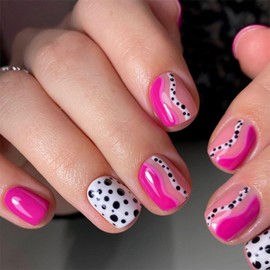 Short Square Press on Nails Black Dots Stick on Nails Pink Fake Nails Stripe Glue on Nails Cute False Nails Glossy Acrylic Nails Full Cover Artificial Nails Reusable Nails Kit for Women Girl 24Pcs