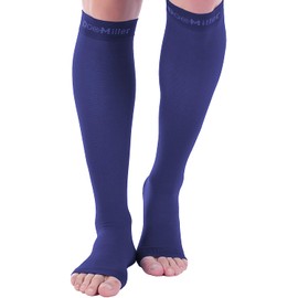 Doc Miller Open Toe Socks â 1 Pair Compression Socks Women & Men 20-30mmHg Support Stockings Travel DVT Shin Splints Varicose Veins Legging Medical Grade Nurses (Dark Blue, Large Tall)