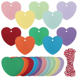 Colourful Gift Tags Heart Shaped, IKR 100PCS Paper Tags with String 10 Colors Blank Gift Labels Name Tags for Present Birthday Valentine Wedding Christmas Favour DIY Crafts-5X5CM