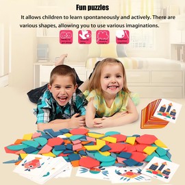 YELINTIAN 180Pcs Wooden Pattern Blocks, Tangram Shape Puzzle Set, Geometric Shapes with Cards Tangram Puzzles for Kids Educational Tangram Toys tangrams for Kids Ages 4-8