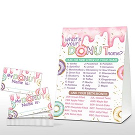 Foosproea What's Your Donut Name Game - Sweet Donut Birthday Party Games - Family Activity - 1 Standing Sign and 30 Stickers - Doughnut Party Supplies Decorations(06)