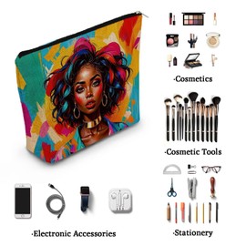 YULUENZE African American Lady Makeup Bag Cute Small Canvas Organizer Bag with Zipper Colorful Painting Black Woman Cosmetic Bag Aesthetic Birthday Present for Women Sisters Friends
