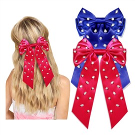 Boderier 2Pack Hair Bows for Women Crystal Satin Hair Bows Hair Clip 10 Inches Long Tail Ribbon Bow Barrette Hair Clip Hair Accessories for Women Hot Pink Blue