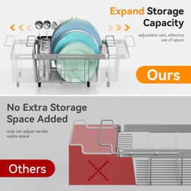 Homics Expandable in Sink Dish Drying Rack, Adjustable Capacity (10.5''-16'') Stainless Steel Over The Sink Dish Drying Rack, Dish Drainer for Kitchen Sink Counter with Utensil Holder