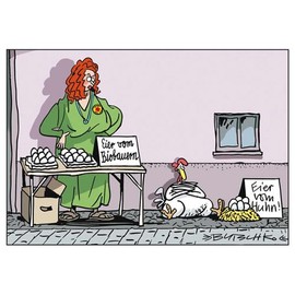 Postcard A6 + CARTOON by modern times +++ Eggs from Organic Farmers +++ Kopenicker CG © Butschkow, Peter