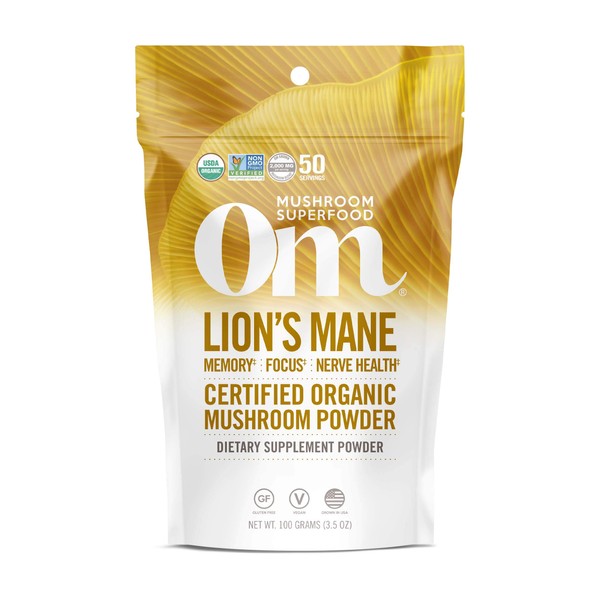 Om Mushroom Superfood Lion's Mane Organic Mushroom Powder, 3.5 Ounce, 50 Servings, Fruit Body and Mycelium Nootropic for Memory Support, Focus, Clarity, Nerve Health, Creativity and Mood