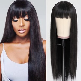 QD-Tizer Black Color Synthetic Hair Wigs with Full Bangs Long Straight Wig Natural Soft Hair Heat Resistant Synthetic No Lace Wigs for Women 24 inch