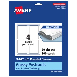 Avery Printable Rectangle Cards with Rounded Corners with Sure Feed Technology, 3.5" x 5", Glossy White Cardstock, Laser/Inkjet, 200 Total, Great for Postcards and Thank You Cards