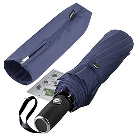 Windproof Travel Umbrella, 10 Ribs Lightweight Umbrella for Women and Men Teflon Coating with Auto Open Close Button, Zipper Pouch (Blue)