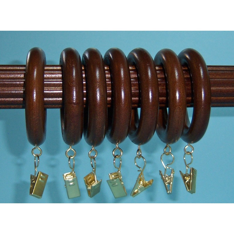 1-3/8" Solid Wood Drapery Rings with Brass Clips in Coffee