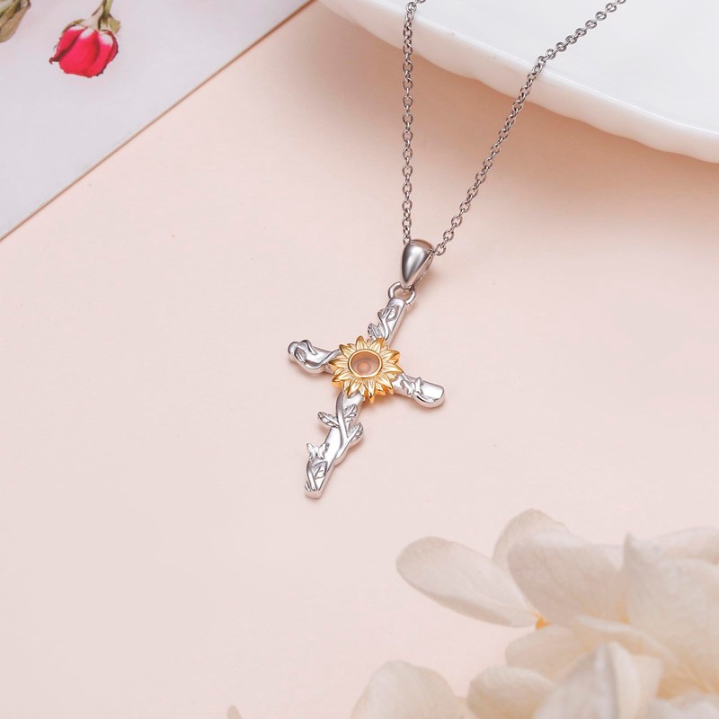 DAOCHONG Sunflower Mustard Seed Cross Necklace for Women Faith Jewelry