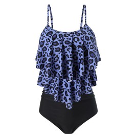 FLYILY Women Two Piece High Waisted Swimwear Tankin Sets Ruffle Ruched Bathing Suit Swimming Costume(2-NavyLeopard,L)