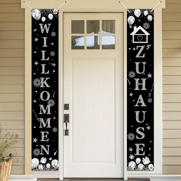 Koliphy Welcome Home Decoration, Welcome Home Door Banner for Homecoming, Welcome Home Banner Family Return Family Celebrations Silver Black Party Decoration, 70.8 x 11.8 Inches