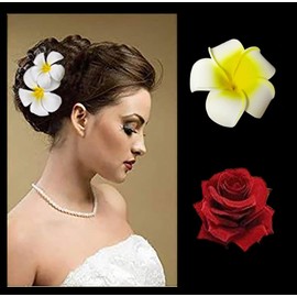 Tia Crafts White Hawaii Plumeria Flower and Red Rose Flower Hair Clips for Women (Pack of 2) (white-Rose)