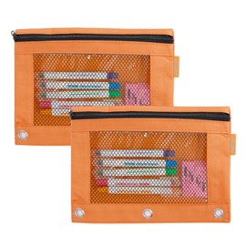BAZIC Pencil Pouch 3 Ring Binder Pouch, Rivet Enforced Ring Hole, Mesh Window Zipper Case, Pastel Orange, 2-Pack