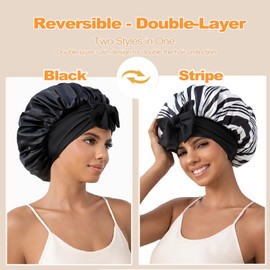 GDTOGRT Satin Silk Bonnet for Sleeping Women, Double Layer Sleep Hair Bonnets Caps for Curly Natural Hair with Tie Band -Black Stripe