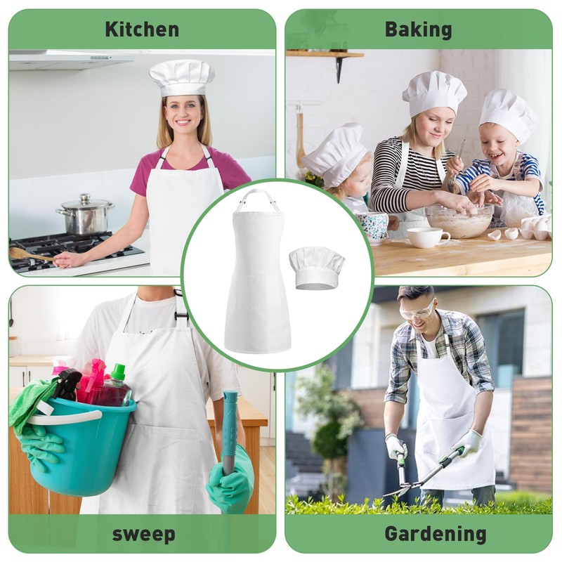CHRI Chef's Hat Apron Set White Kitchen Apron Adjustable Cooking