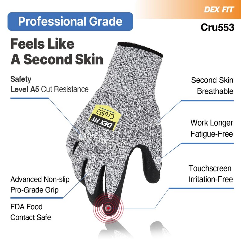 DEX FIT Level 5 Cut Resistant Gloves Cru553, 3D-Comfort Fit,