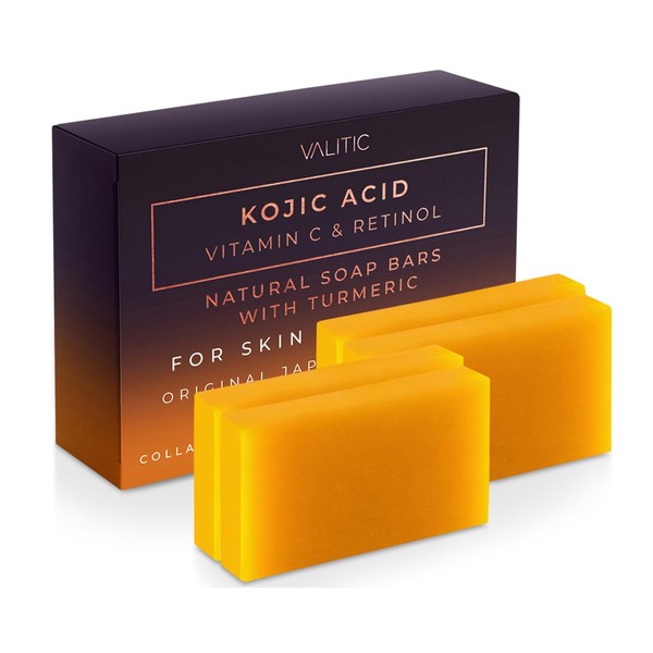 VALITIC Kojic Acid Vitamin C and Retinol Soap Bars with Turmeric for Dark Spot - Original Japanese Complex Infused with Collagen, Hyaluronic Acid, and Vitamin E (4 Pack)