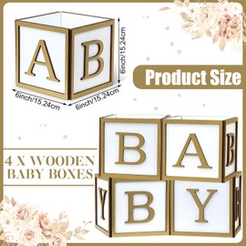 Acmee 4 Set Baby Shower Centerpieces for Tables - 6 inch Wooden Boxes with Baby Letters Rustic Cube Planter Wood Blocks for Boy Girl Gender Reveal Party Favor (Gold)