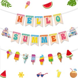 Happy Summer Banner & Ice Cream Banner, 2Pcs Hawaiian Luau Tropical Themed Colorful Summer Bunting Banner Garland Holiday Birthday Party Decorations for School Classroom Bulletin Board Mantle Outsider