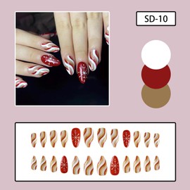 Christmas Press on Almond Nails-24Pcs Red Artificial Fake Nails with Snowflake Gold Line Designs Winter Xmas Glossy Full Cover Medium Acrylic False Nails Glue Stick on Fingernails for Women