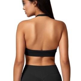 YEOREO SoftHue Women Halter Sports Bra Workout Seamless Padded Basic Bra Open Back Yoga Gym Crop Top, Dark, X-Large