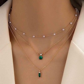 Aneneiceera Boho Layered Emerald Pearl Choker Necklace Gold Emerald Pendant Necklace Tiny Pearl Station Necklace Green Gemstone Necklace Chain Jewelry for Women and Girls