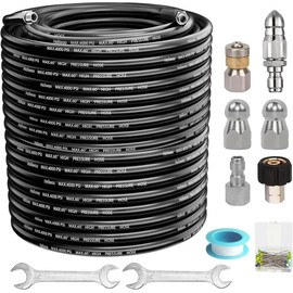 Sewer Jetter Kit for Pressure Washer Jet Drain Cleaner Hose 1/4 Inch NPT with Rotating and Button Nose Sewer Jetting Nozzles Kit 4000 PSI:_150FT