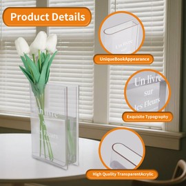 JINGIHE Acrylic Book Vase, Unique Clear Flower Vase, Room Decor Aesthetic Bedroom Vases for Flowers, Transparent Plasitc Shelf Decor Vases for Living Room Home Office Bookshelf Table Decorations Gifts