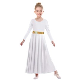 ZYACTU Long Sleeve Praise Dance Dress for Girls Metallic Liturgical Worship Dance Costumes Lyrical Costume Church Robe Tag 150,White, 11-12 Years