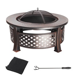 32" Fire Pit Table, Professional Fire Pit with Fire Grate, Spark Screen Lid, Waterproof Cover, Fire Poker for Bonfire, Backyard, Patio
