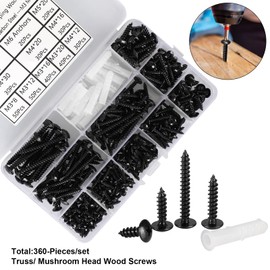 FandWay 360Pcs M3/M4/M5 Truss Head Wood Screws, Phillips Round Head Self Tapping Screws, Black Carbon Steel Mushroom Head Fasteners Drilling Screws Assortment Set With M6 Anchors.