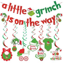 A Little Christmas is On The Way Banner Green Monster Baby Shower Decorations Green Monster Baby Shower Banner for Christmas Green Monster Baby Shower Party Supplies