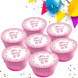 ITS A GIRL BABY SHOWER NEW BABY PINK EDIBLE ICING CUPCAKE TOPPERS DECORATIONS x 24